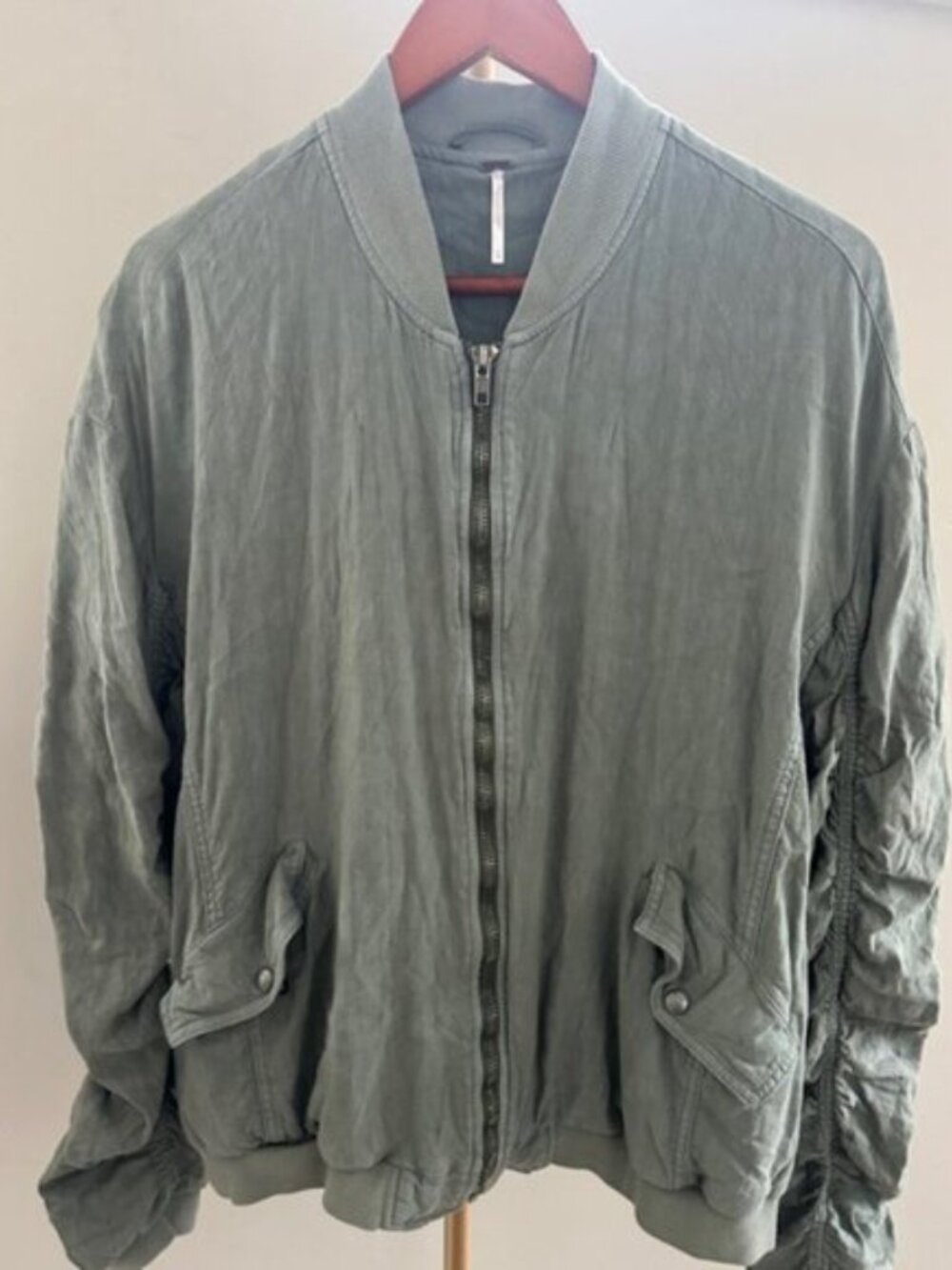 Free People Linen Blend Bomber Jacket Olive Green Ruched Size Large